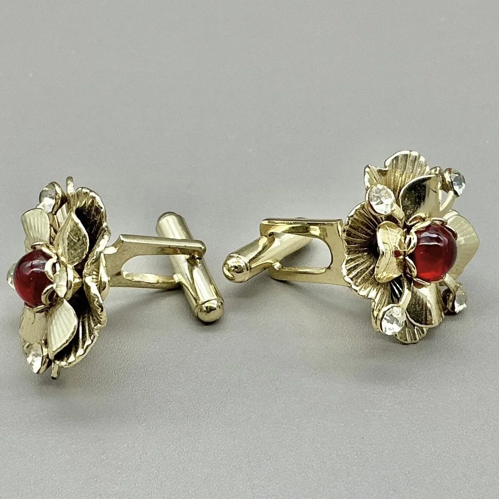 Vintage Floral Cufflinks Gold Tone Red Cabochon Rhinestone Flower Men's Jewelry